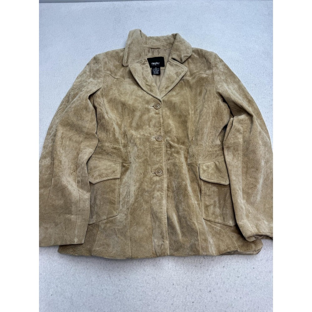 Mossimo Blazer Jacket Womens Medium Beige Genuine Leather Button Front Pockets